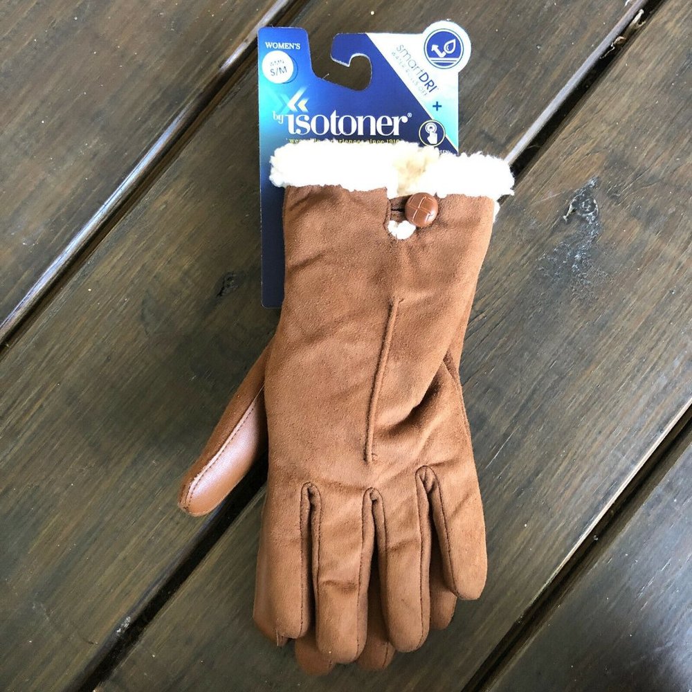 Isotoner Womens SmartDri Microfiber Glove SmartTouch Technology Cognac Brown S/M - Picture 1 of 6